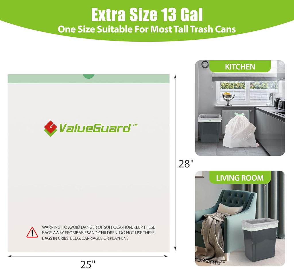 Large Trash Bags 13 Gallon Tall Kitchen Drawstring 100% Post-Consumer Recycled Garbage Bags Waste Bag for Office 0.6 Mil (110 Count)