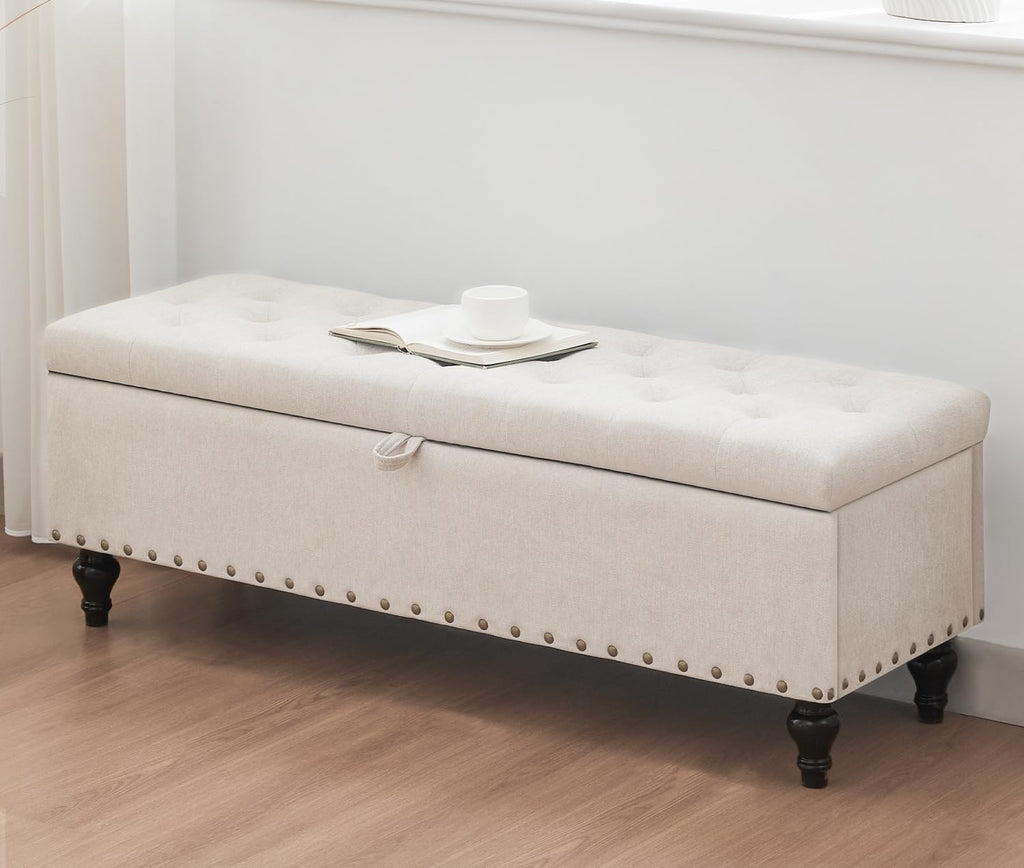 50" Storage Ottoman Bench, Tufted Ottoman with Storage for Living Room, Large End of Bed Ottomans, Modern Entryway Benchs, Window & Bedroom Benches for Foot of Bed (Light Beige)