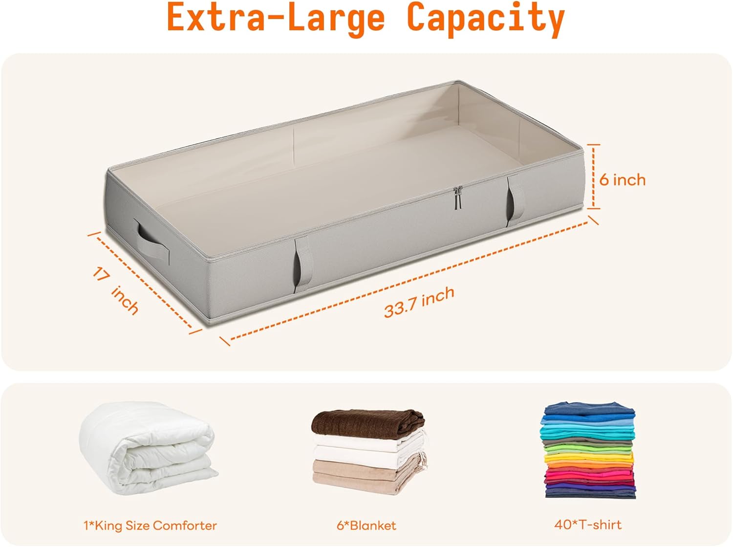 Vailando Under Bed Storage Containers, Underbed Storage Bins, 6 Inches Tall Clothes Storage Box with Sturdy Handles and Sidewalls, Foldable, Gray, 2-Pack
