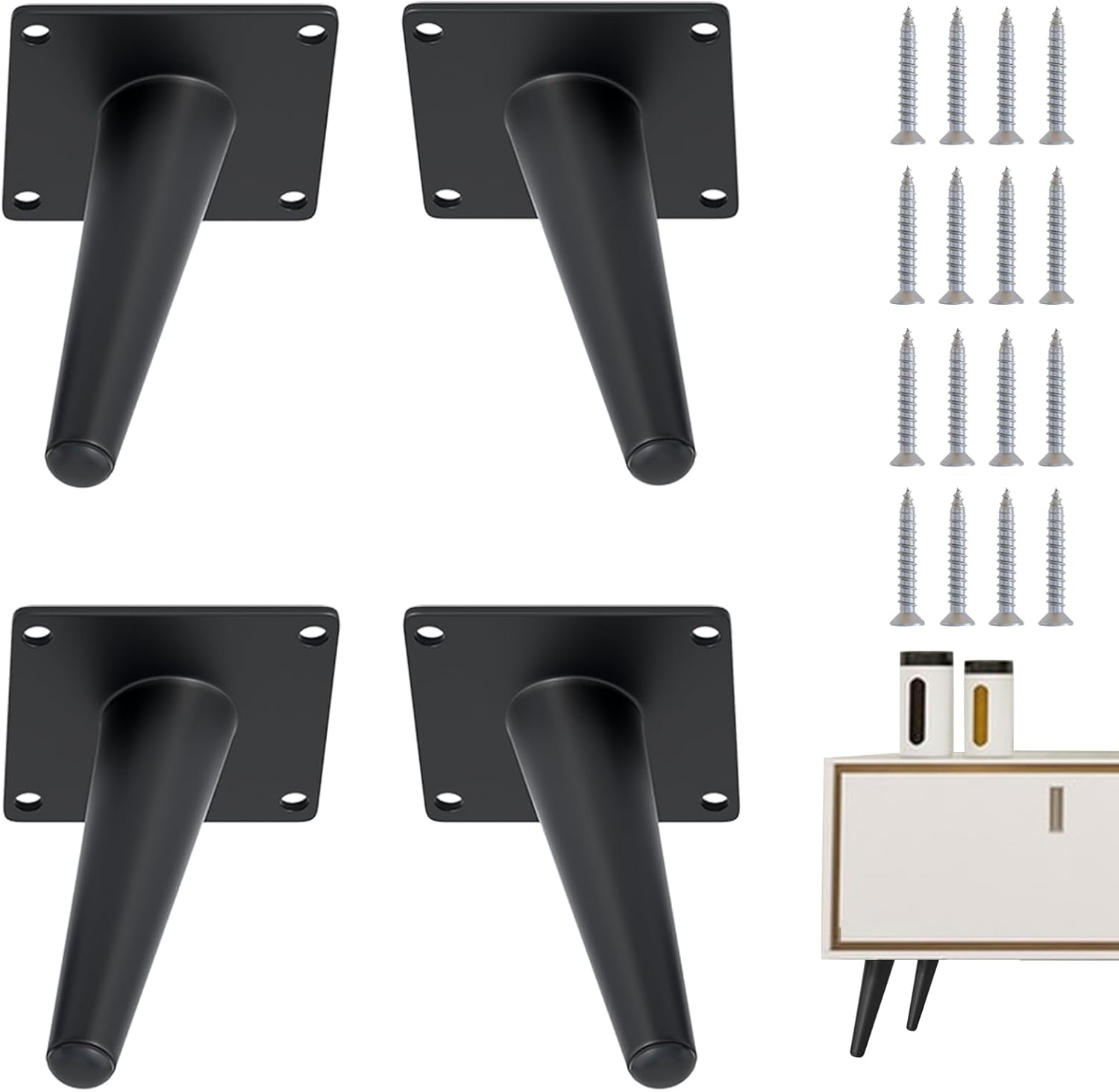 4PCS 4 Inch Matte Black Tapered Angled Legs for Furniture, Metal Mid Century Mordern Feet, Heavy Duty Slanted Stand Legs Kit for Couch, Coffee Table, Desk, Dresser, Sofa, Chair