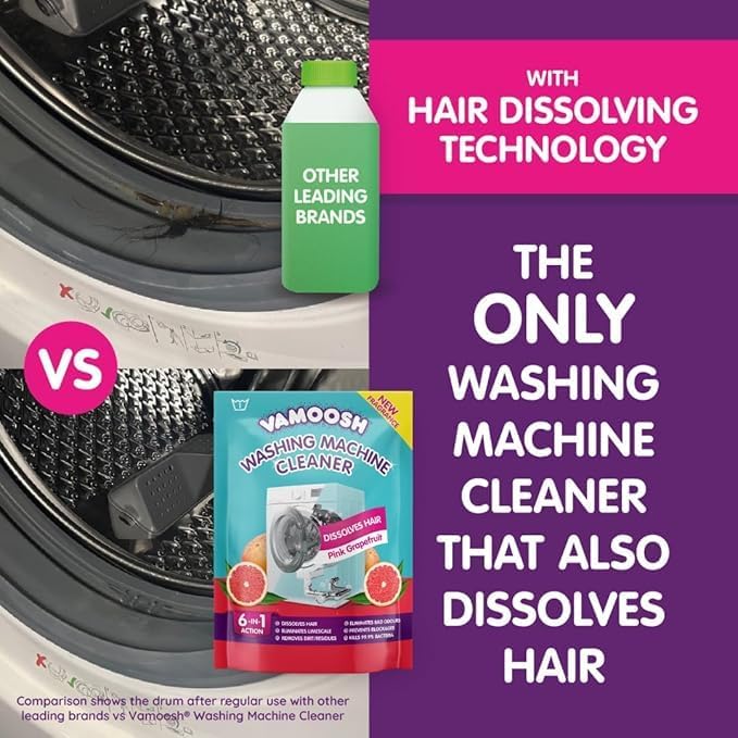Vamoosh 6-in-1 Washing Machine Cleaner | Dissolves Pet Hair | Prevents Blockage | Grapefruit Scent | Removes Limescale | Deep Clean | Eliminates Odor | Descales | 150g (Pack of 6)