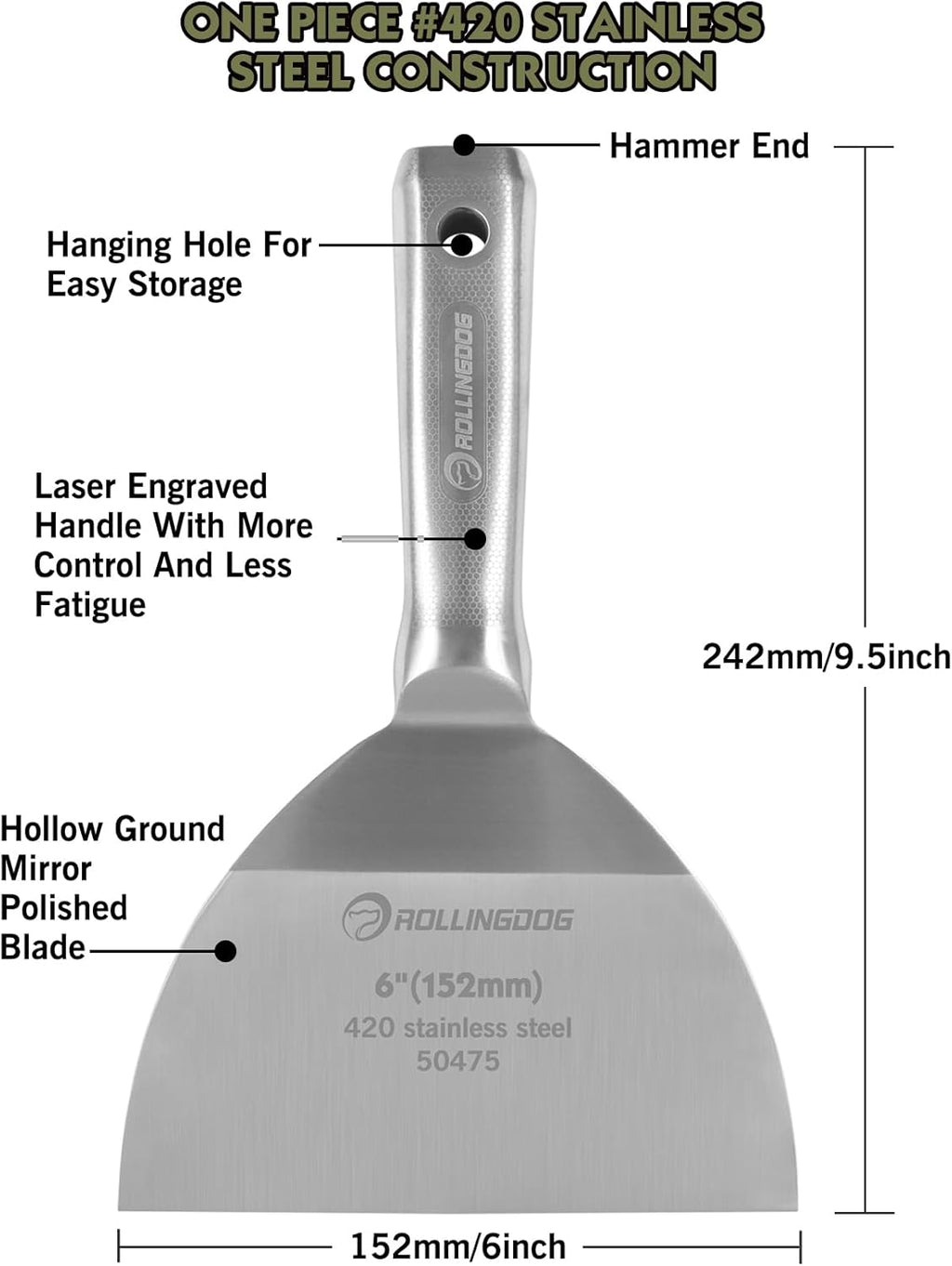 ROLLINGDOG 6 inch Putty Knife - 420 Stainless Steel Spackle Knife Drywall Knife One Piece Mirror Polished Blade for Scraping Paint, Taping