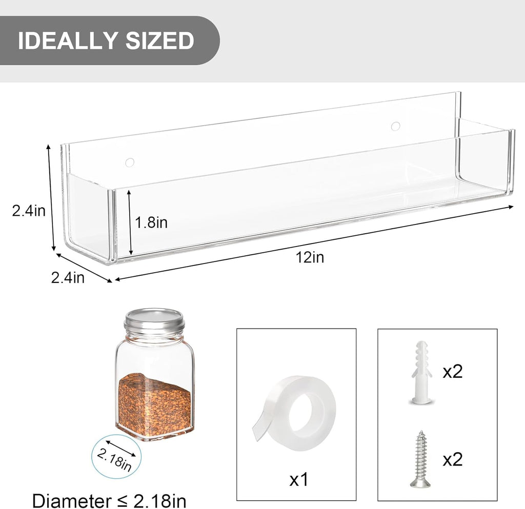 PMMASTO Adhesive Acrylic Spice Rack Organizer for Wall with 2 Nano Double Sided Tape, Spice Shelf Organization for Kitchen Cabinet Door/Pantry Door, Wall Mount Seasoning Rack (Clear-4 Pack)