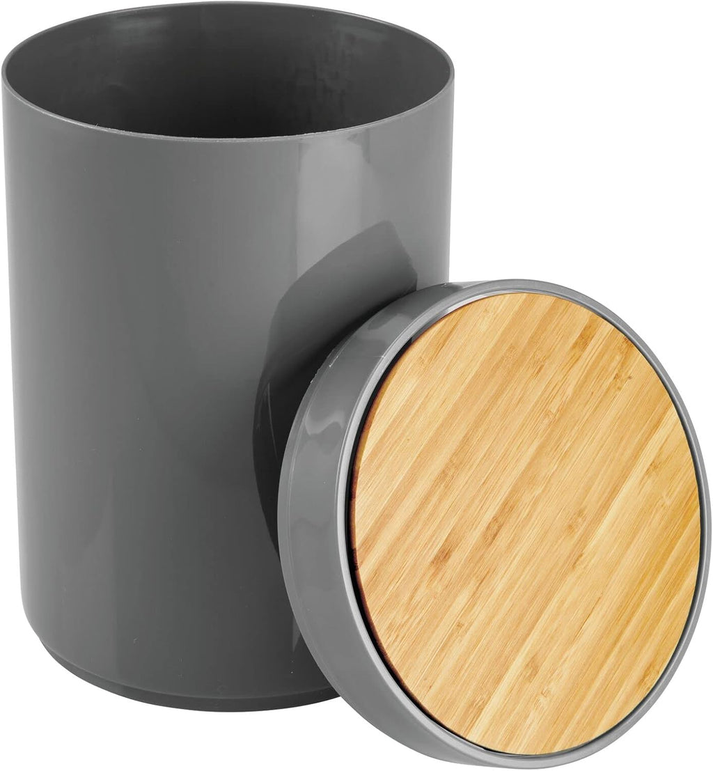 mDesign Plastic Round Trash Can Small Wastebasket - Garbage Bin Container with Swing-Close Lid - Bathroom Garbage Basket - Holds Waste, Recycling - 1.3 Gallon - Basa Collection - Charcoal Gray/Natural