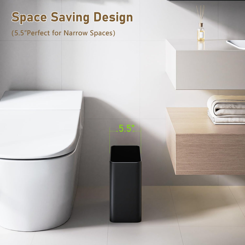 Small Bathroom Trash Can 2.4 Gallon Wastebasket, Slim Metal Garbage Can Matte Black Stainless Steel Trash Bin for Bedroom,Office,Kitchen,Toilet, rv, Near Desk, Under Sink