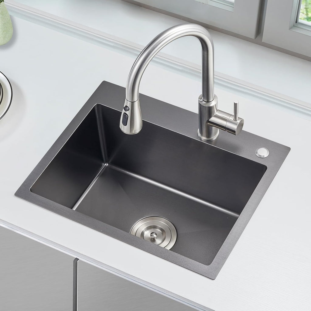 22x18 Inch Drop in Kitchen Sink, Handmade 304 Black Stainless Steel Sink, 9" Deep Single Bowl, Topmount with 2 Holes, R10 Tight Corner, for Modern Kitchen/RV/Bar Sink