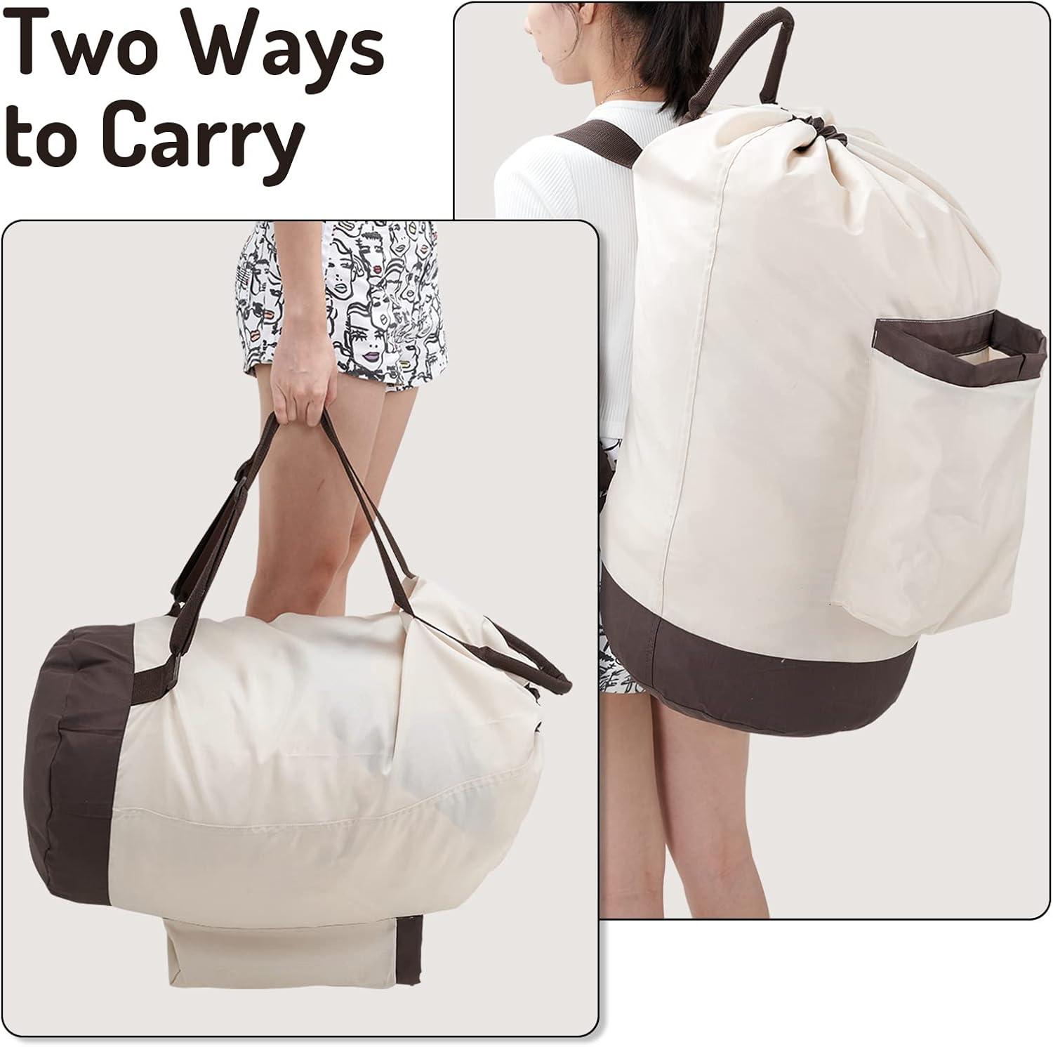 Laundry Bag Backpack with Shoulder Straps and Detergent Holder Clothes, Travel Laundry Backpack Bag Hamper for College Dorm Room (Khaki w Brown)
