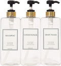 Modern Gold Design Large 27 oz Shampoo and Conditioner Dispensers - Empty Plastic Refillable Pump Bottle Set for Bathroom Shower Soap Dispenser, Set of 3 (Clear & Black)