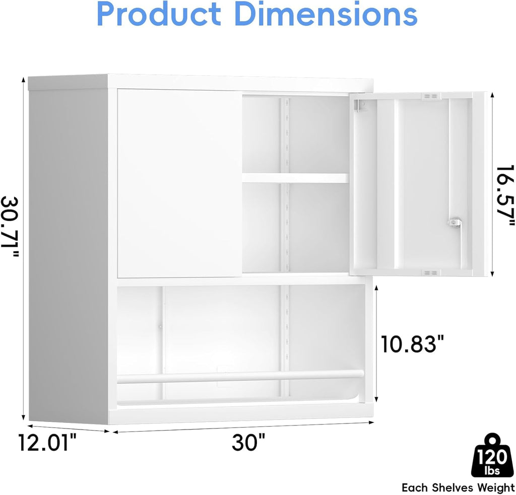Metal Wall Storage Cabinet, Steel Storage Cabinets with Locking Doors and Shelves, Hanging Cabinet with Guard Bar, Ideal for Kitchen, Laundry, Home Office