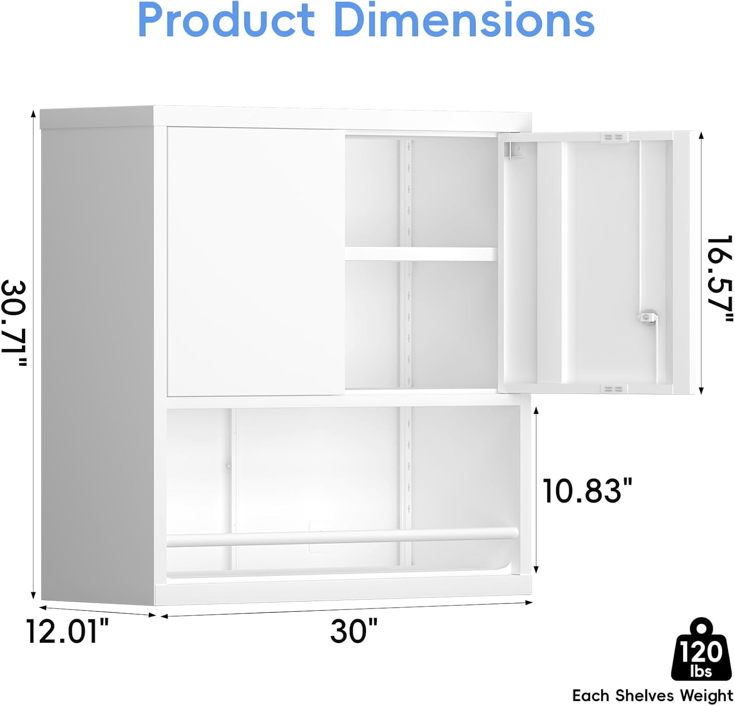 Metal Wall Storage Cabinet, Steel Storage Cabinets with Locking Doors and Shelves, Hanging Cabinet with Guard Bar, Ideal for Kitchen, Laundry, Home Office