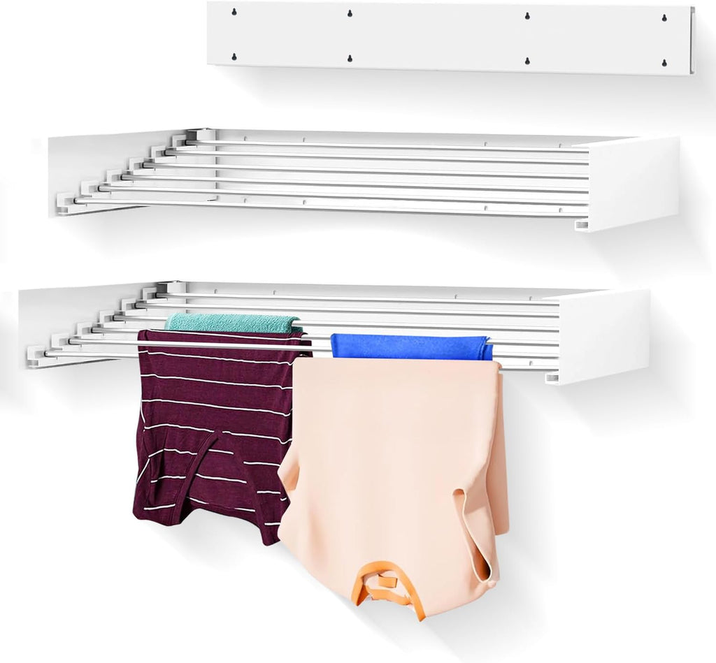 Wall Mounted Laundry Drying Rack, Retractable Clothes Drying Rack, 6 Rods Towel Drying Rack with Wall Template for Installation, Magnetic Dryer Ball Holder with Dryer Balls, White