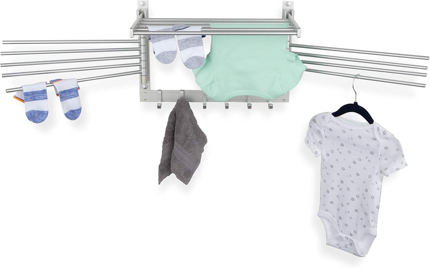 brightmaison BGT Wash Clothes Drying Rack Wall Mount Laundry Room Organizer with Hooks & Swing Arms, 17" Metal Laundry Rack Silver