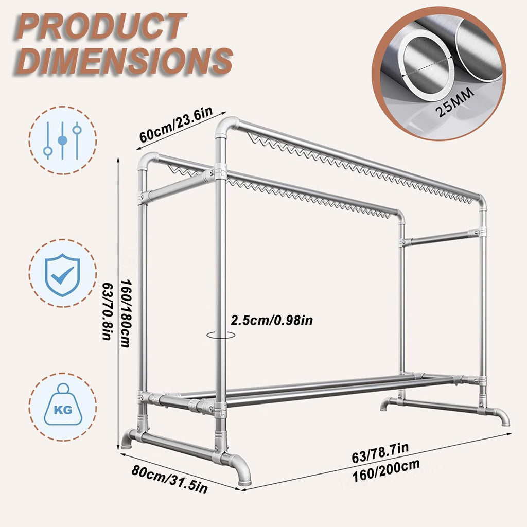 Clothes Drying Rack with Windproof Hooks, 63 inch Drying Rack Clothing Indoor Outdoor, Free Standing Metal Clothes Rack