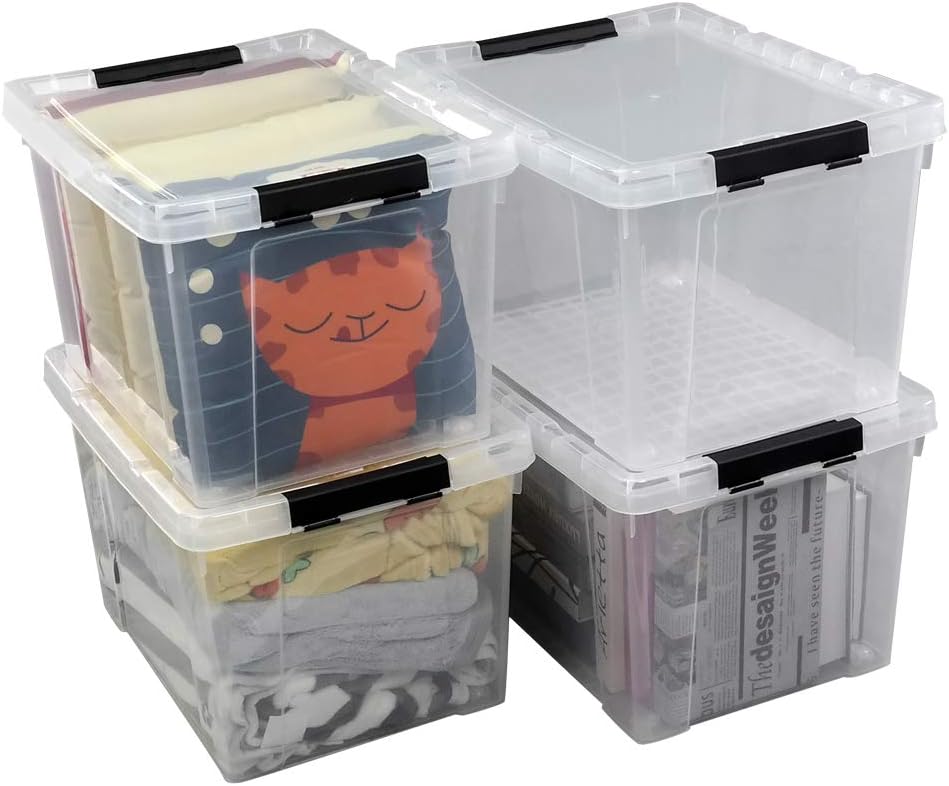 Ggbin 4 Packs 50 Quart Plastic Container Bin with Lids, Latching Storage Box with Wheels, Clear