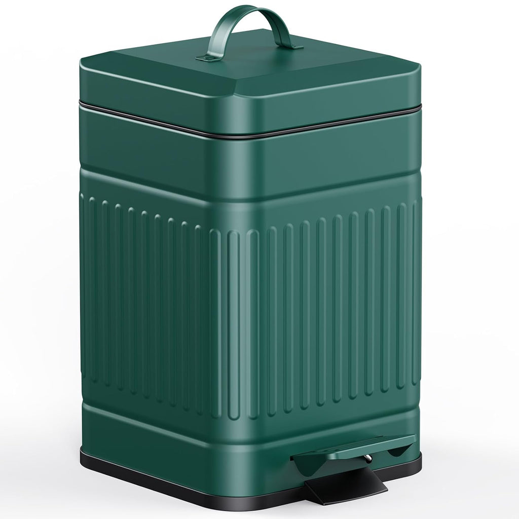 CEROELDA Small Trash Can with Lid-5L/1.3 Gal,Stainless Steel Outdoor Dog Poop Garbage Can-Farmhouse Retro Metal Waste Bin w/Step Pedal for Bathroom Bedroom Office-Soft Close-Green