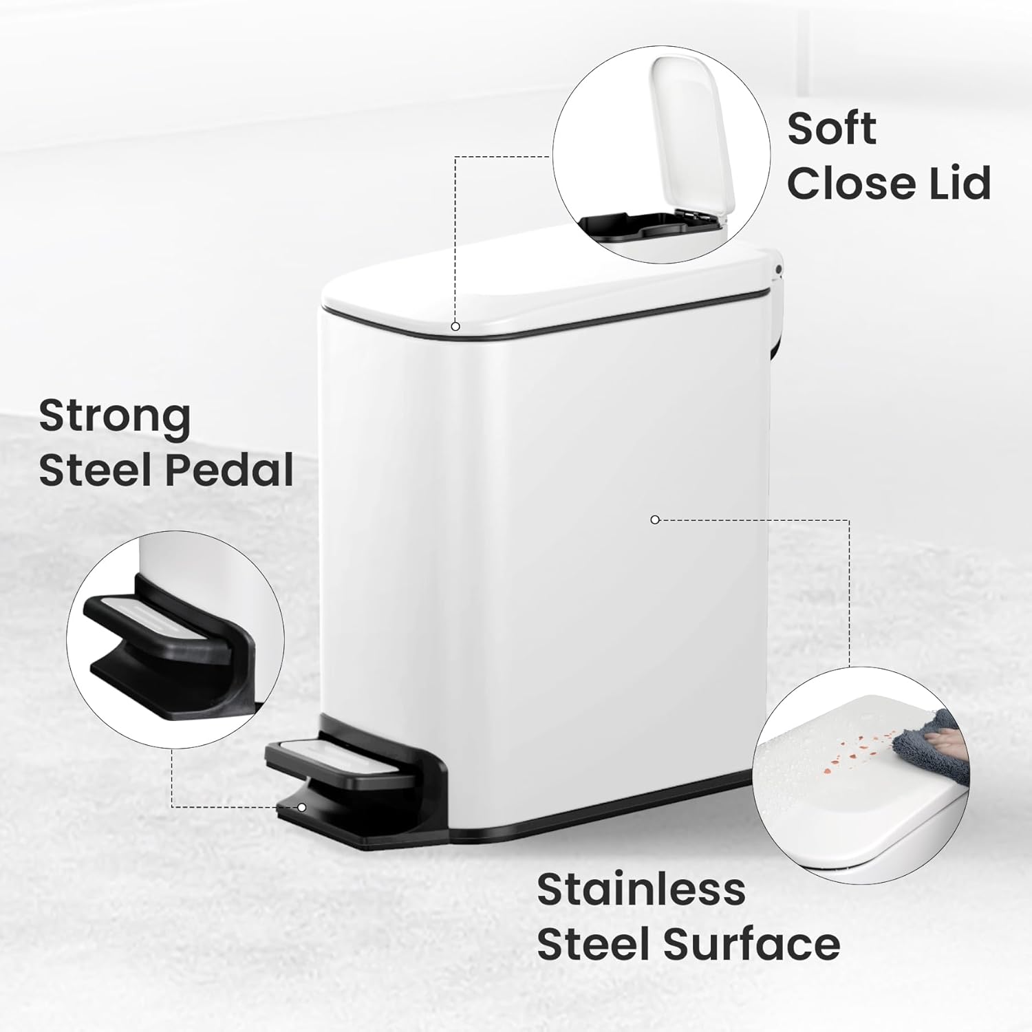 Cesun Small Bathroom Trash Can with Lid Soft Close, Step Pedal, 6 Liter / 1.6 Gallon Stainless Steel Slim Garbage Can for Bedroom, Diaper Waste Basket with Removable Inner Bucket (White)