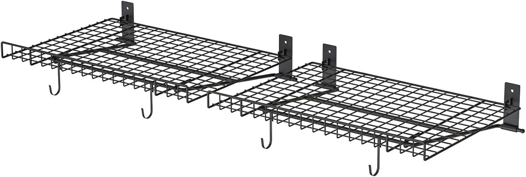 2 Pack Foldable Wall Shelf, Wall Mounted Garage Storage Shelves, Heavy Duty Wall Shelving Supports Up To 90 LBS. Floating Shelves With 4 Hooks Metal Storage Rack for Office, Kitchen and Laundry Room