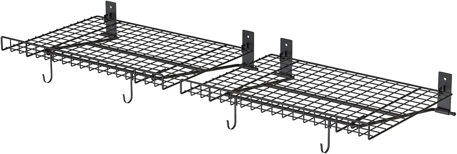 2 Pack Foldable Wall Shelf, Wall Mounted Garage Storage Shelves, Heavy Duty Wall Shelving Supports Up To 90 LBS. Floating Shelves With 4 Hooks Metal Storage Rack for Office, Kitchen and Laundry Room