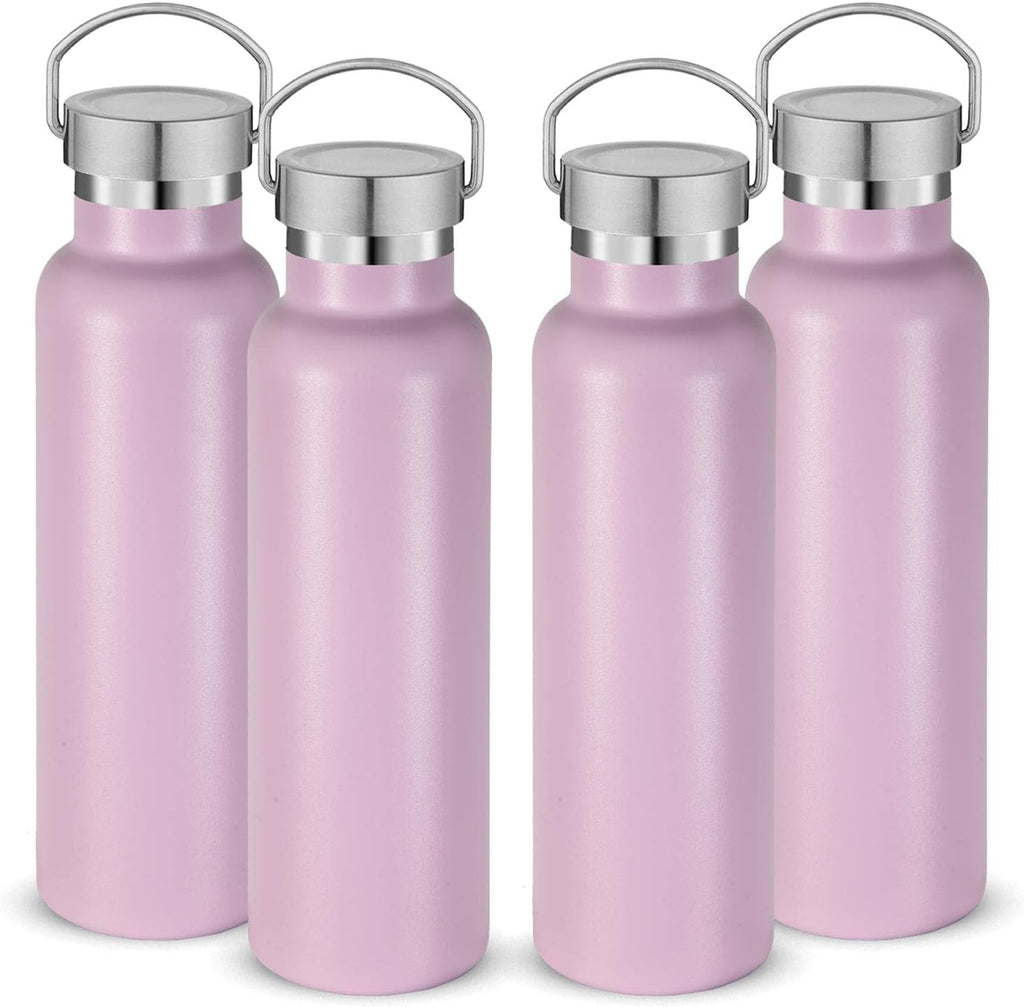 Neihepal 20 oz Insulated Water Bottles Bulk 4 Pack,Stainless Steel Double Wall Sport Bottle with Lid of Handle,Metal Reusable Thermoses Flask with Cup Cap for School,Hikers,Gift (Pink,Set of 4)