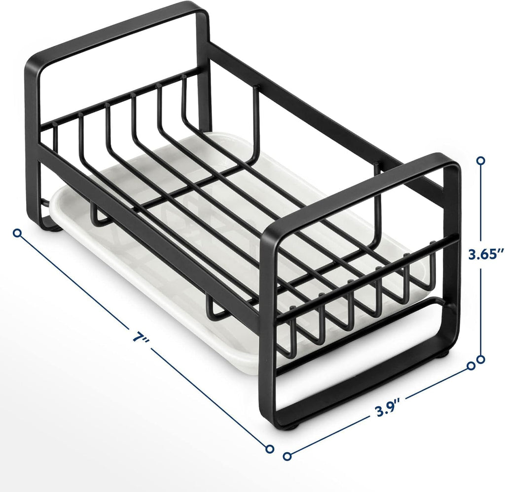 HULISEN Kitchen Sink Sponge Holder, 304 Stainless Steel Kitchen Soap Dispenser Caddy Organizer, Countertop Soap Dish Rack Drainer with Removable Drain Tray, not Including Dispenser and Brush, Black