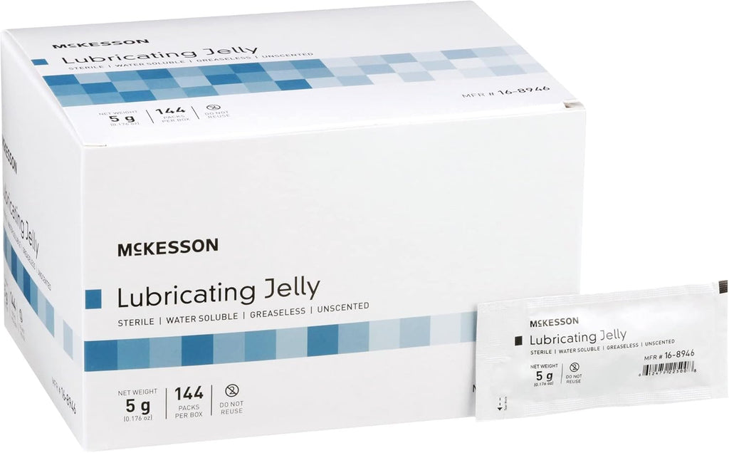 McKesson Lubricating Jelly, 5 g [144 Count] Water Based Non-Sticky Lube, Water Soluble Lubricant Gel - for Surgical, Medical, Personal – Sterile Individual Packets
