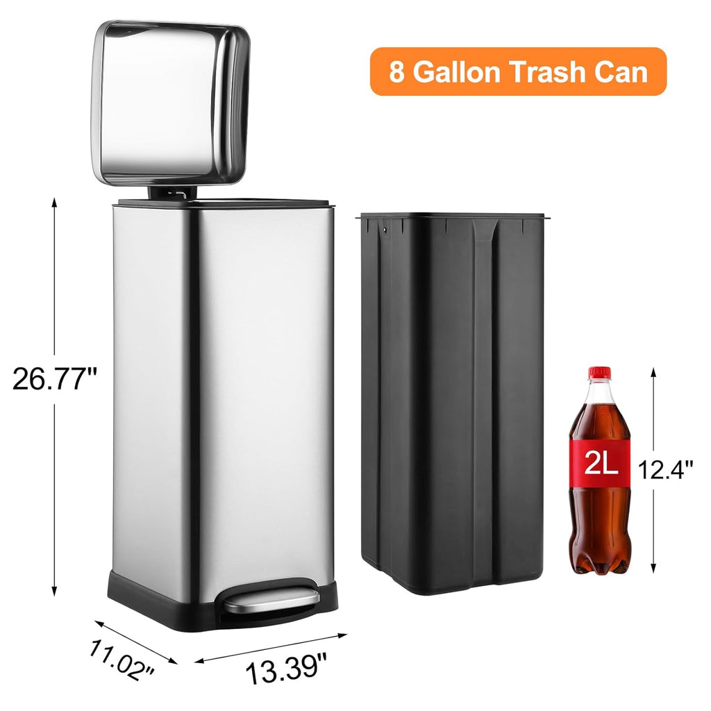 8 Gal/30L Slim Trash Can, Rectangular Step-On Stainless Steel Garbage Can, Soft-Close Lid, Anti-Fingerprint Surface, Recycling Bin with Removable Inner Basket, for Kitchen Dining Room, Silver