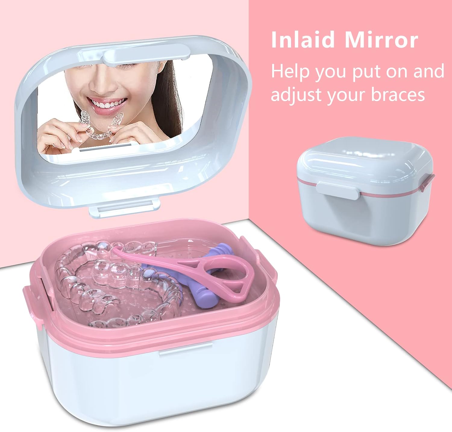BVN Denture Bath Denture Case: Denture Cup for Soaking Dentures, Retainer Cleaner Case with Mirror, Mouth Guard Case, Aligner Case, Retainer Holder, Night Guard Case, False Teeth Container White
