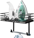 TJ.MOREE Ironing Board Hanger Wall Mount - Laundry Room Iron and Ironing Board Holder, Metal Wall Mount with Large Storage Black Wooden Base Basket and Removable Hook(Black)