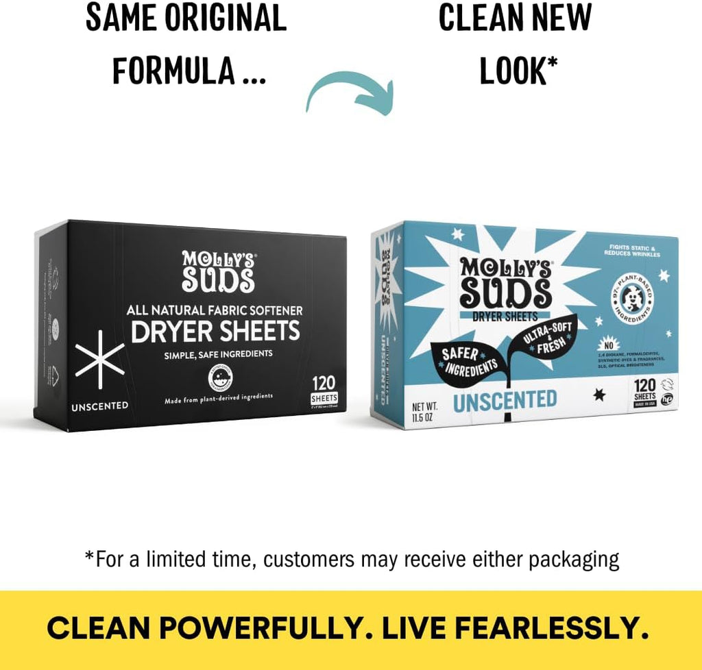 Molly's Suds Fabric Softener Dryer Sheets for Sensitive Skin | Plant-Based Static Reducer, Plastic-Free Packaging | Unscented (120 Sheets)