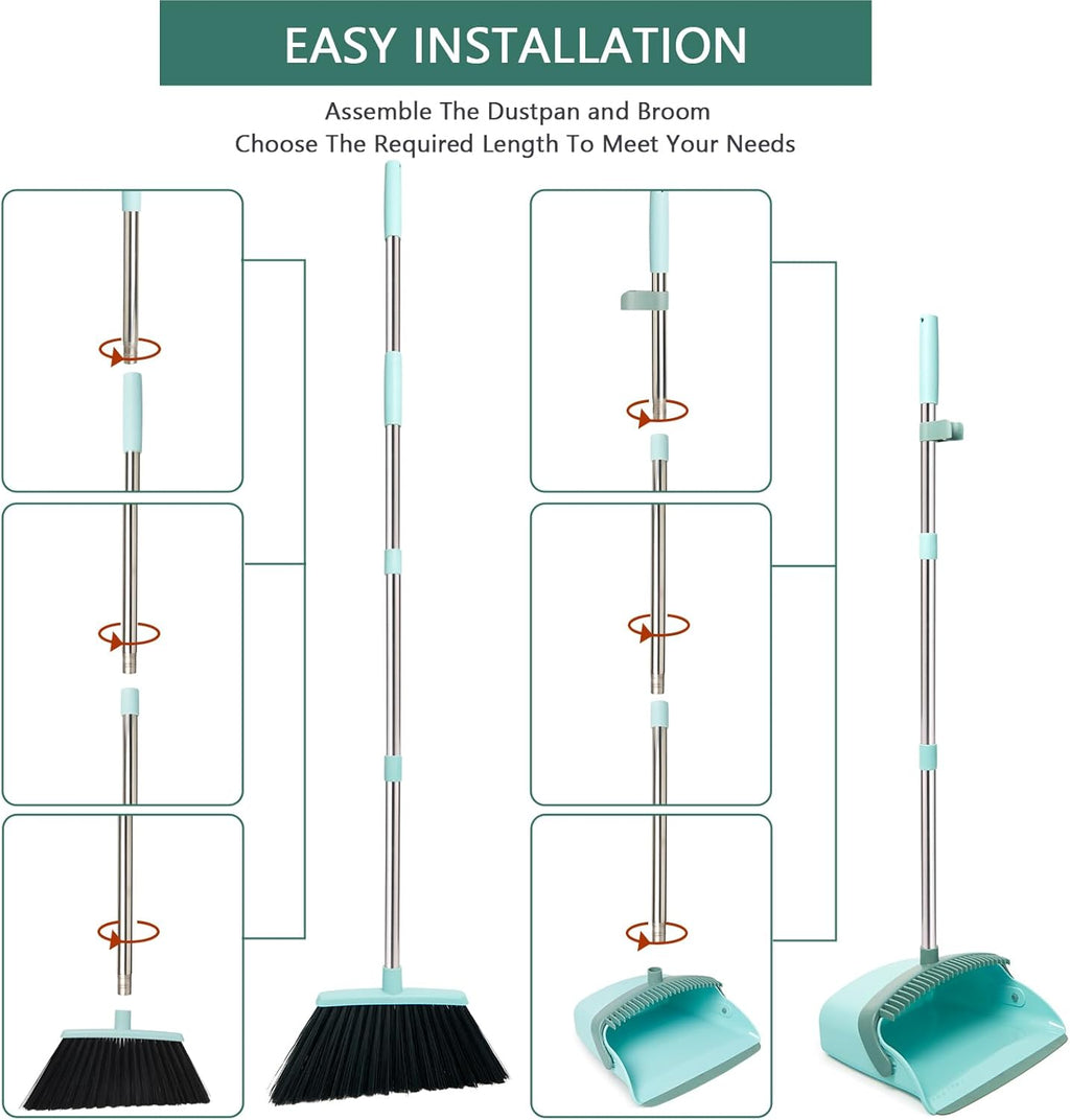 Broom and Dustpan Set, Dustpans with Broom Combo for Home, Heavy Dust Broom and Dustpan Combo, Long Handle Dust Pan and Broom Set for Kitchen, Office, Pet Hair,Green, Pack of 1