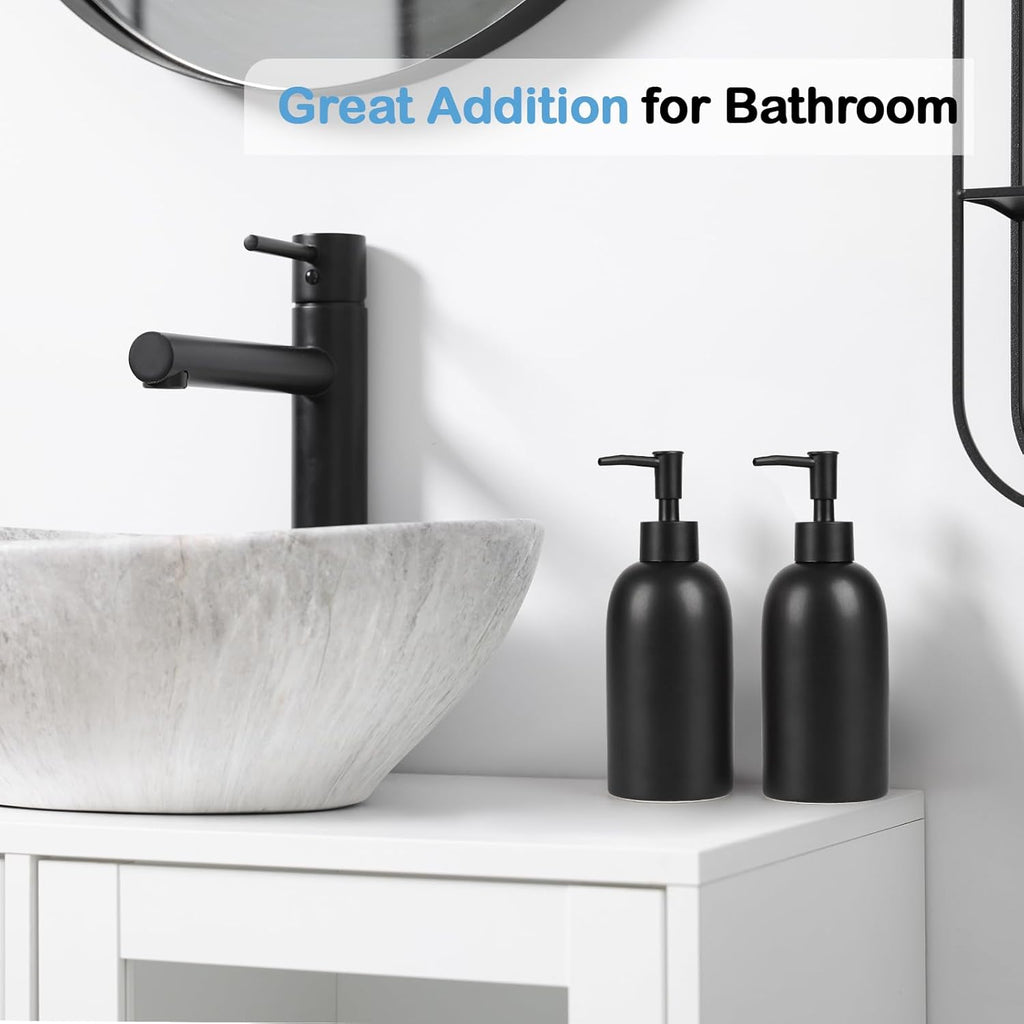 Natheeph 14OZ Ceramic Soap Dispenser Ceramic Soap Pump Dispenser Can Fill Liquid for Bathroom/Kitchen (2PC Black)