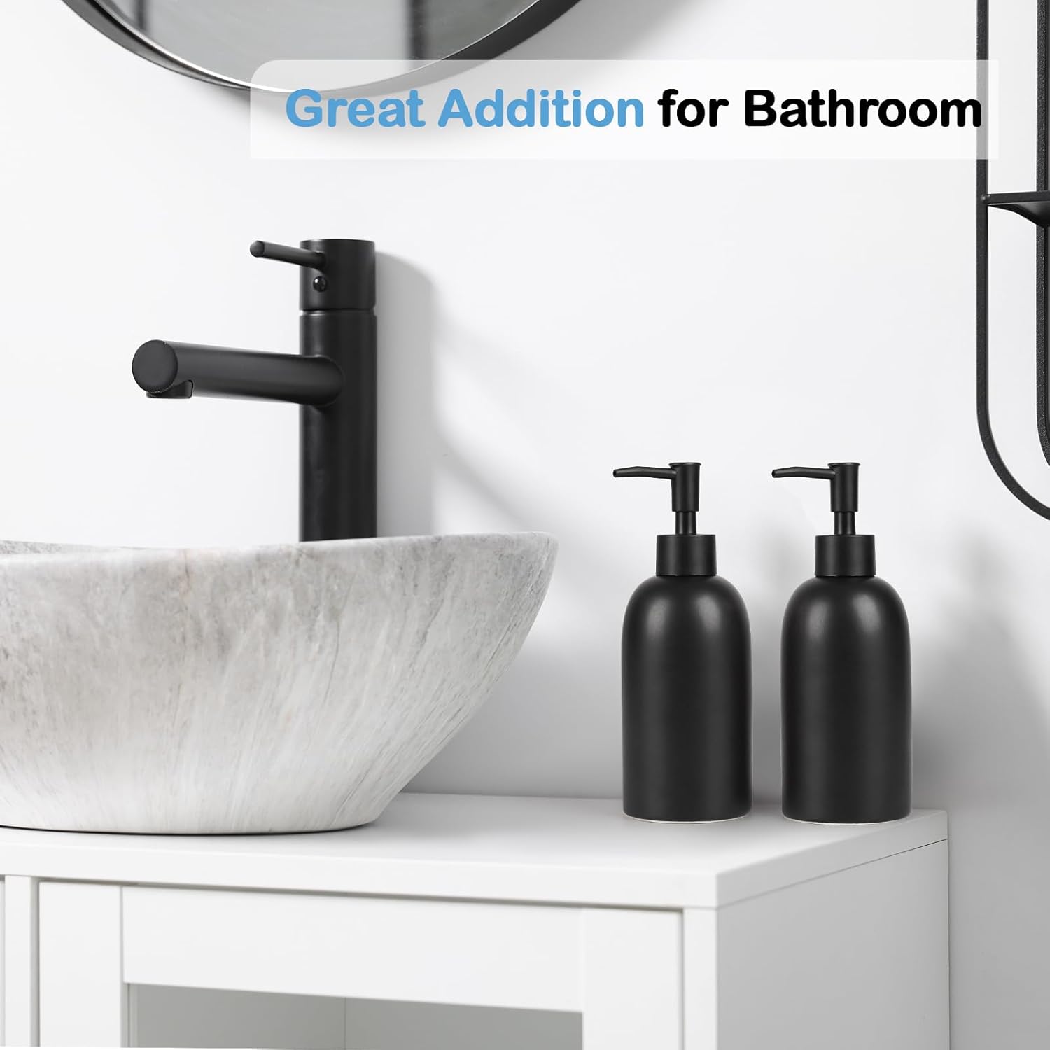 Natheeph 14OZ Ceramic Soap Dispenser Ceramic Soap Pump Dispenser Can Fill Liquid for Bathroom/Kitchen (2PC Black)