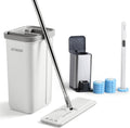 JOYMOOP White Flat Mop & Bucket with 1 Microfiber Pad, 12 Disposable Toilet Brushes, Stainless Steel Toilet Brush and Holder Set, Multi-Functional Cleaner for Floors, Windows, and Toilets