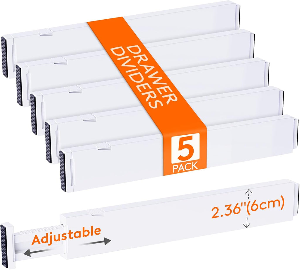 Lifewit 5 Pack Kitchen Drawer Dividers 2.36" High, 16"-22" Adjustable Drawer Organizer for Utensils/Clothes/Makeup, Plastic Expandable Separators in Dresser/Bedroom/Bathroom/Office Storage
