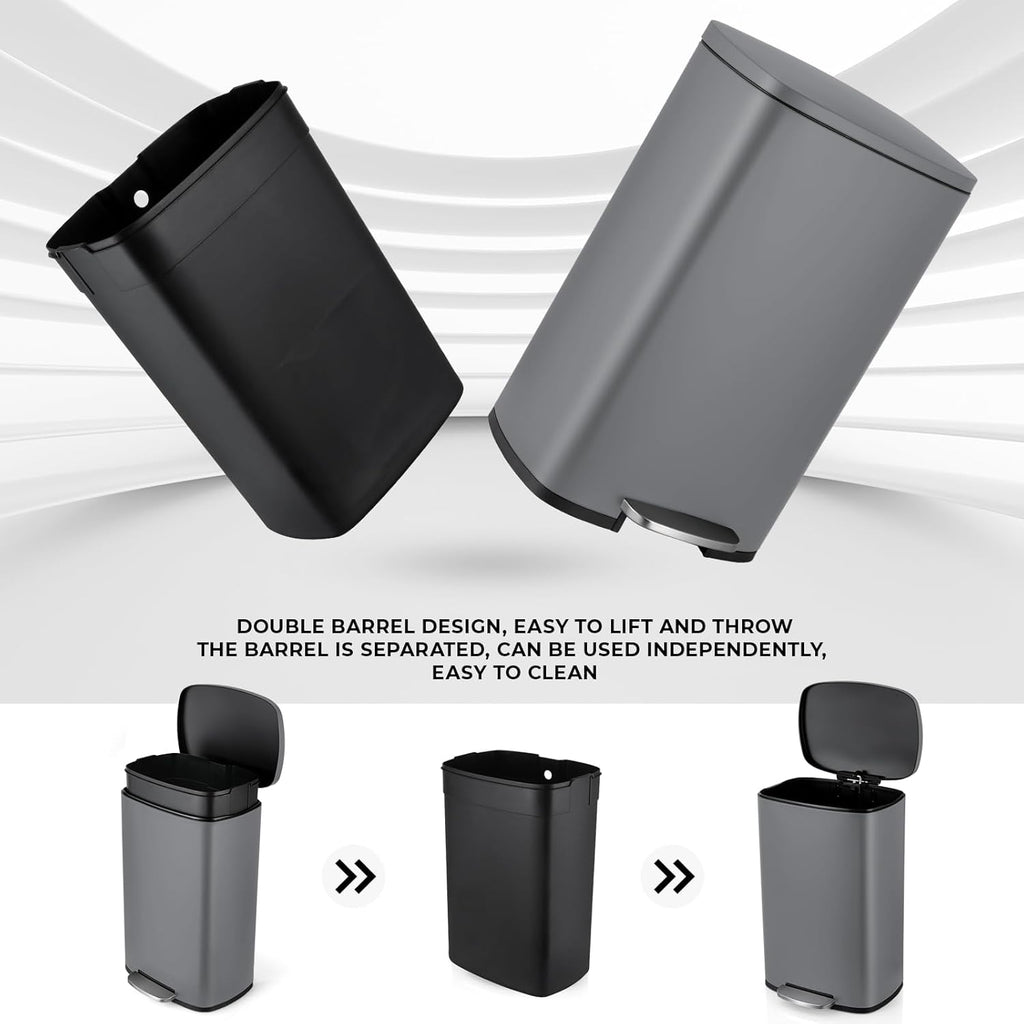 8 Gal Kitchen Trash Can, 30L Recycling or Garbage Bin, Brushed Stainless Steel Waste Basket, Soft&Quiet Close Dustbin, with Step-On Pedal, Removable Inner Bucket, for Home, Office, Living Room