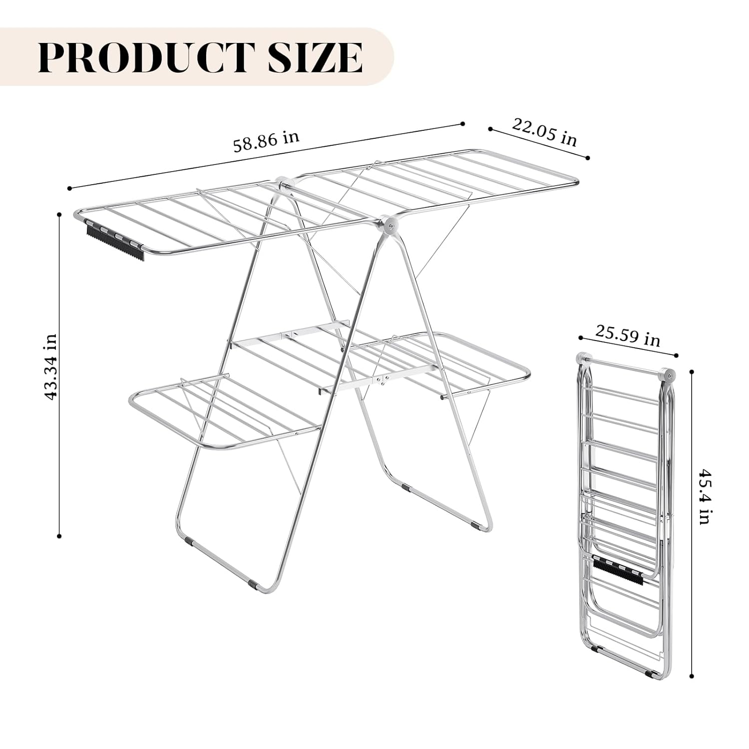APEXCHASER Clothes Drying Rack with 4 Wings, Stainless Steel Drying Rack Clothing with Sock Clips, Metal Connectors, Height-Adjustable, Foldable Laundry Drying Rack, Indoor Outdoor Use, No Assembly