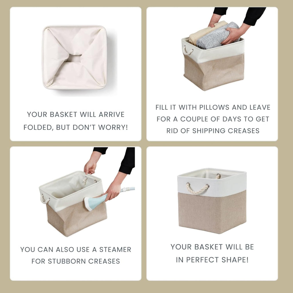 Mangata Canvas Storage Boxes, 13 Inch Cube Storage Bins Set of 6, Fabric Baskets with Cotton Rope Handle for Organizing Clothes Nursery Home (Khaki/White)