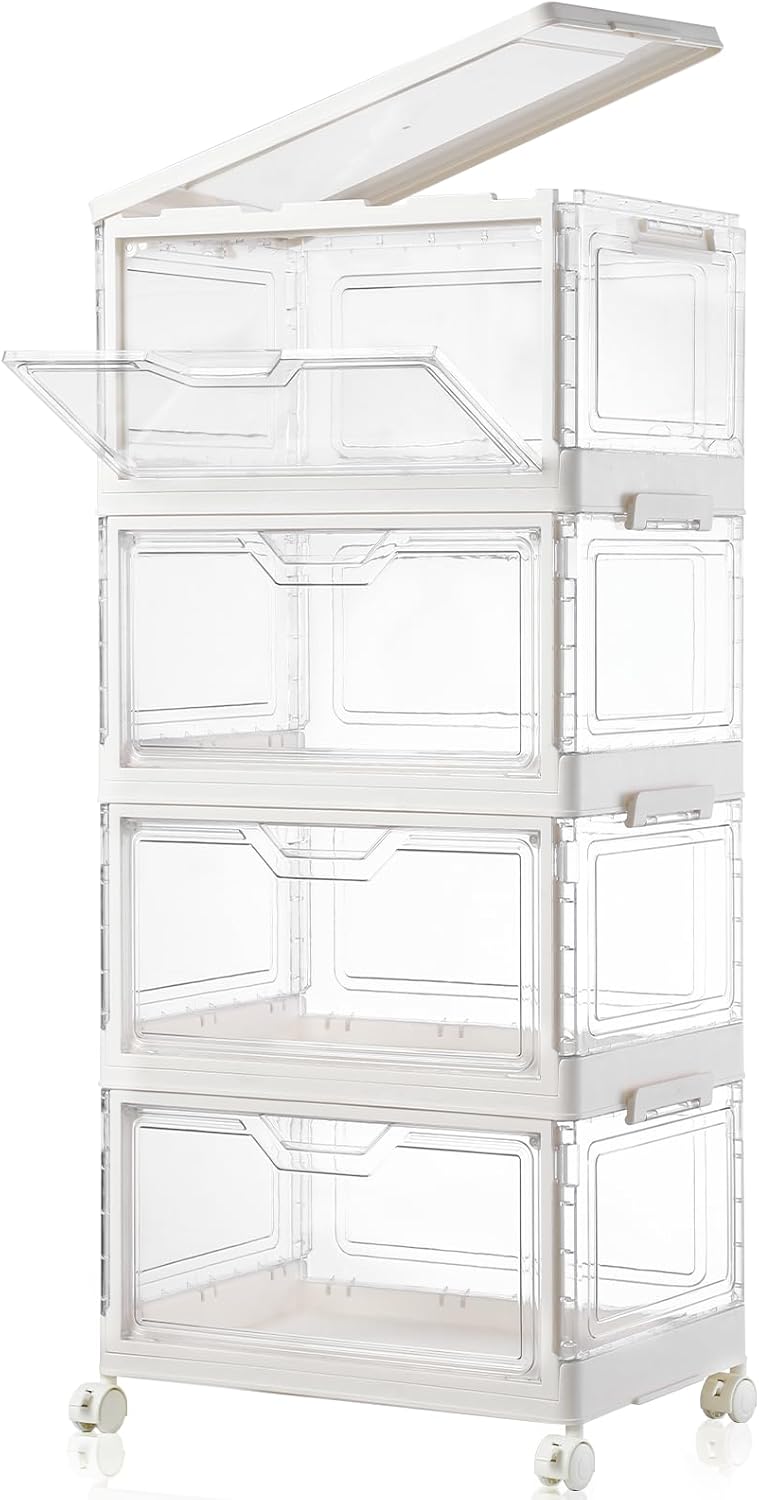 Collapsible Plastic Storage Bins with WheelsClear Stackable Storage Bins with Lid Stackable Storage Bins with Open Door Folding Storage Bins Organizer for Closet Bedroom Living Room