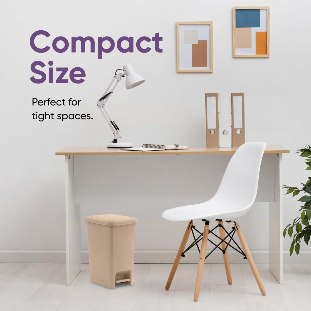 Superio 2.5 Gal Slim Step On Pedal Plastic Trash Can, Waste Bin for Under Desk, Office, Bedroom, Bathroom- 10 Qt, Beige