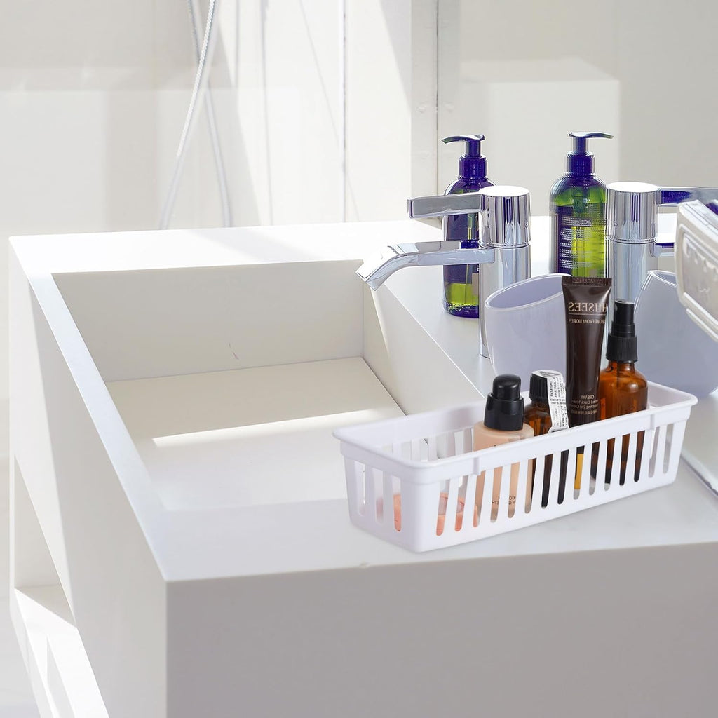 Domensi 12 Pack Slim Plastic Storage Baskets Tray for Organizing 10.25 x 3.25 x 2.5 Inch Small Narrow Storage Bins Stackable Drawer Pencil Trays Holder for Desk Garage Cabinet Containers(White)