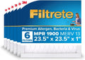 Filtrete 23.5x23.5x1 AC Furnace Air Filter, MERV 13, MPR 1900, Premium Allergen, Bacteria&Virus Filter, 3-Month Pleated 1-Inch Electrostatic Air Cleaning Filter,6-Pack (Actual Size 23.22x23.22x0.78in)