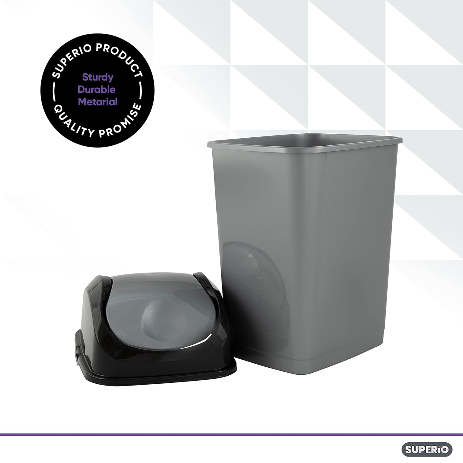 Superio Small 2.5 Gallon Plastic Trash Can with Swing Top Lid, Compact Slim Waste Bin for Under Desk, Office, Bedroom, Bathroom, Dorm Room, 10 Qt. Portable Garbage Can (Grey/Black)