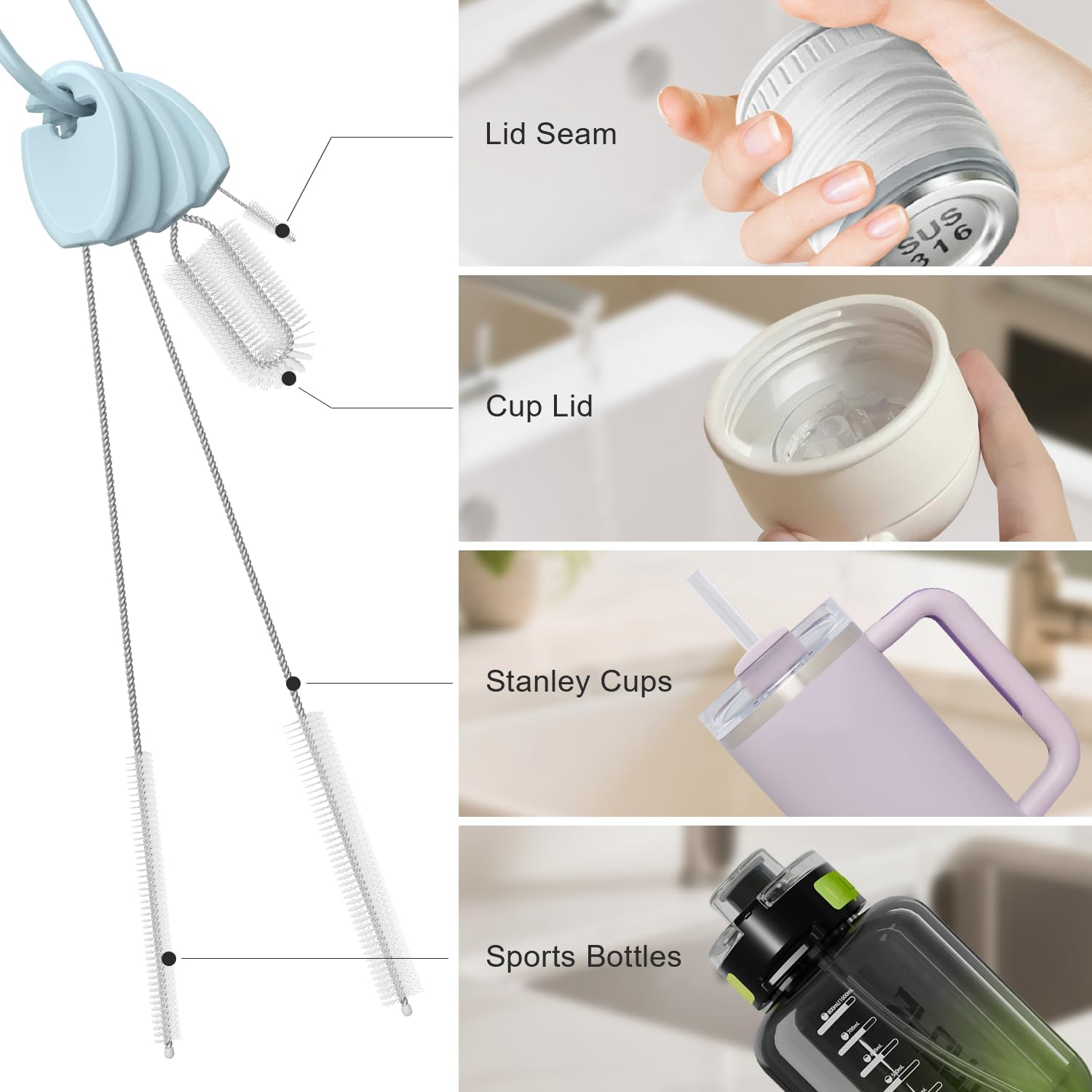 YOTIME Standing Straw Cleaner Brush Set, 4in1 Reusable Straw Brushes with Holder Ring, for Wide and Narrow Straws, Tumblers, Water Bottles and Cups, Blue