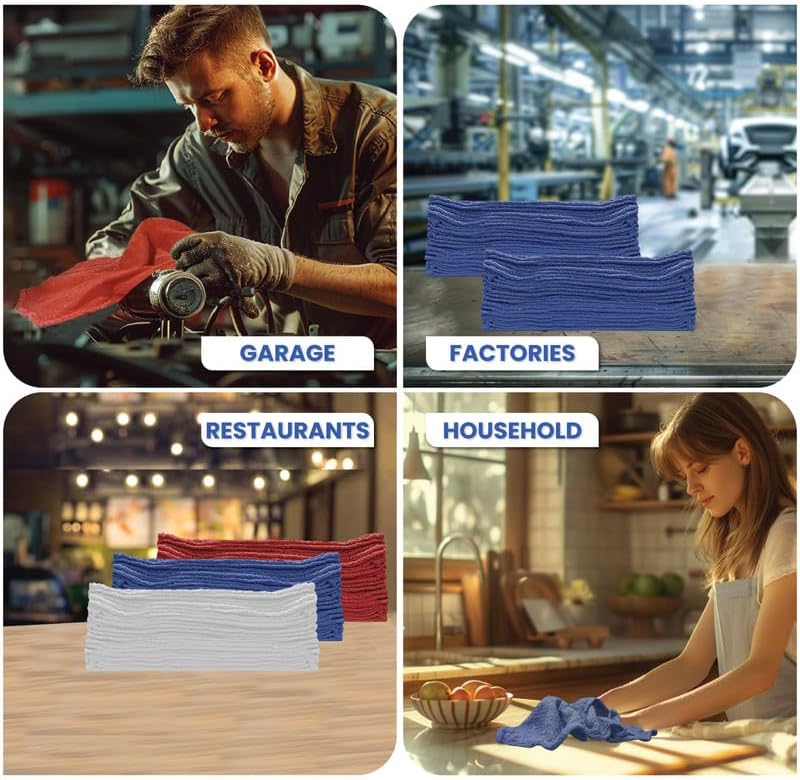 Auto Mechanic Shop Towels (13"x14"), 12 Pack (Blue) - 100% Cotton Commercial Grade Rags for Cleaning & Maintenance, Garage Supplies - Professional Mechanics Reusable Wipes