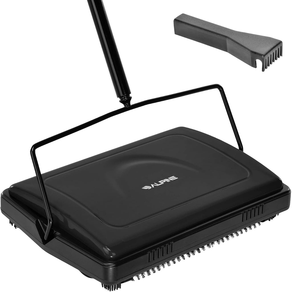 Alpine Manual Carpet Sweeper Triple Brush – Cordless Non Electric Multi-Surface Floor Brush Hardwood Floor Cleaner Easy Sweeping for Carpeted Floors (Improved Black)