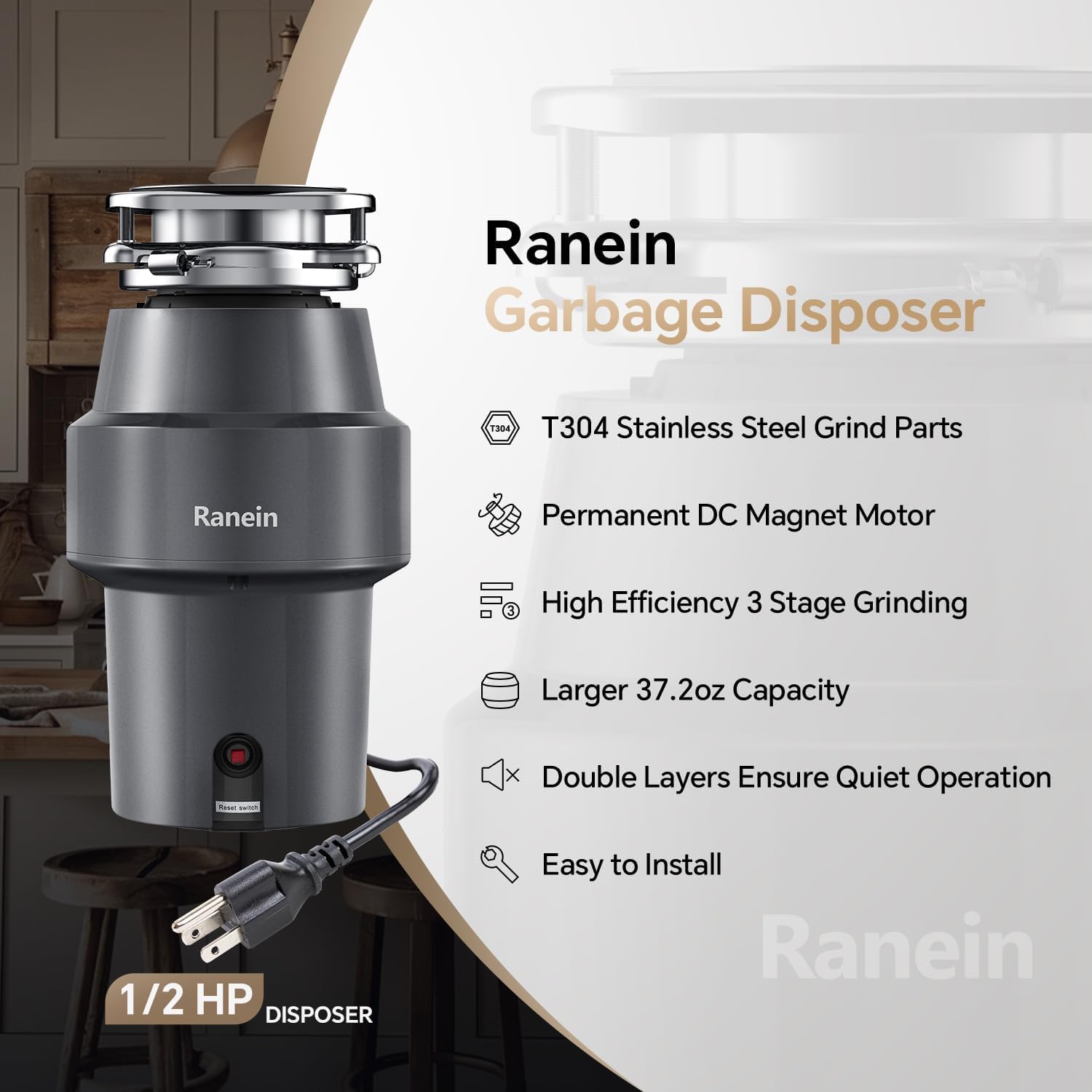 Upgraded 1/2 HP Garbage Disposal with Power Cord, Quiet & Powerful Stainless Steel Grinding System, Continuous Feed Kitchen Sink Waste Disposer – DeepCut Series