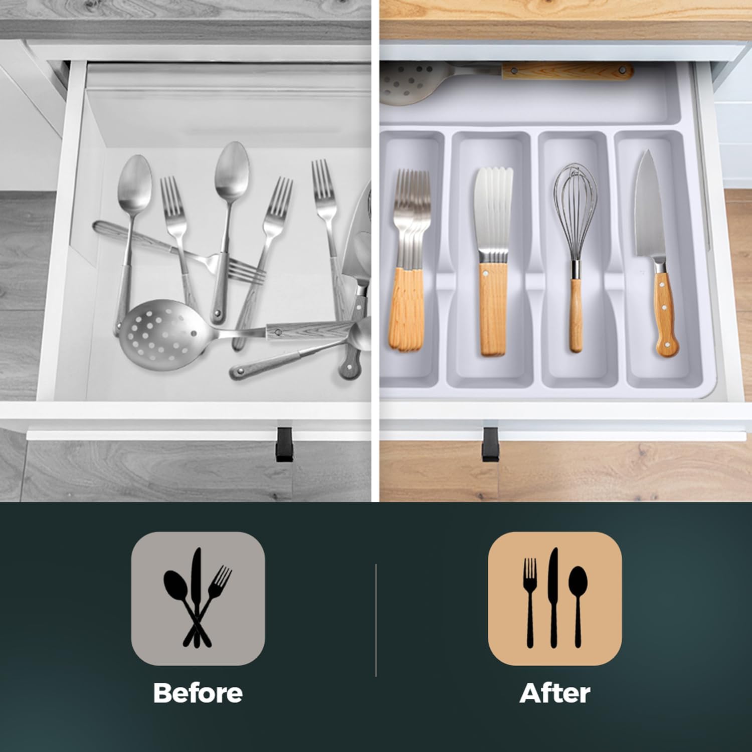 Silicone Silverware Drawer Organizer – Non-Slip Utensil Holder for Kitchen Drawers | Cutlery Tray for Forks, Knives, Spoons & More | Durable, BPA-Free, Easy to Clean – White