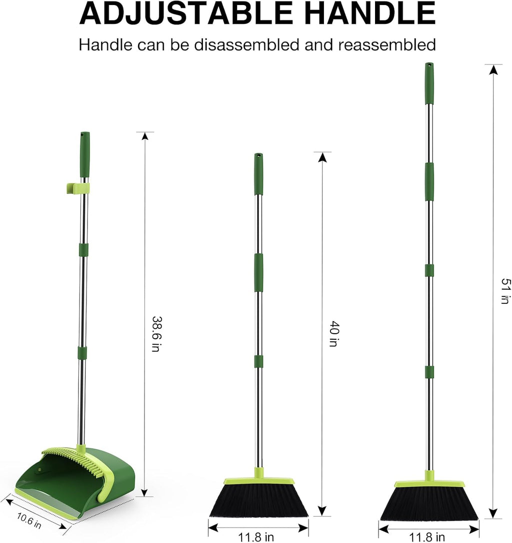 Broom and Dustpan Set, 52-in Long Adjustable Handle Broom Dustpan Combo with Dust pan Teeth to Automatically Clean Hair Suitable for Home Kitchen Office Hall Floor (Green), 2 Pack