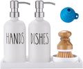 Glass Soap Dispenser for Kitchen,Farmhouse Kitchen Dish Hand Soap Dispenser Set,Rustproof Pump Soap Lotion Dispenser Set with Tray and Dish Brush,Kitchen Decor White-Silver Pump