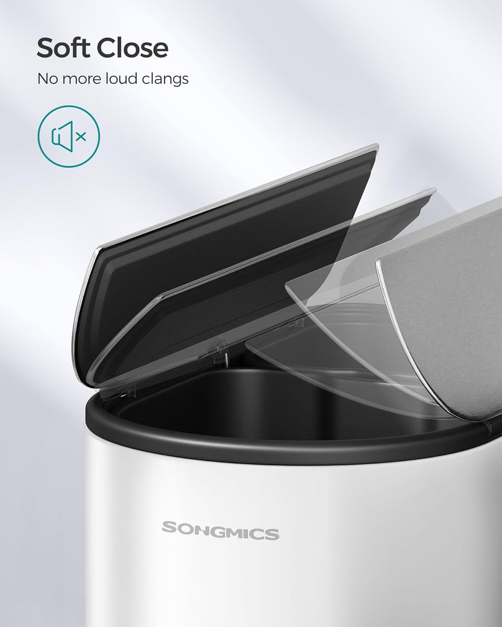 SONGMICS 13-Gallon Dual Kitchen Trash Can, 5.3 and 8 Gallon Compartments, Garbage Can with Wing Lids, Stainless Steel, Soft Close, Inner Buckets, Cloud White and Metallic Silver ULTB570W50